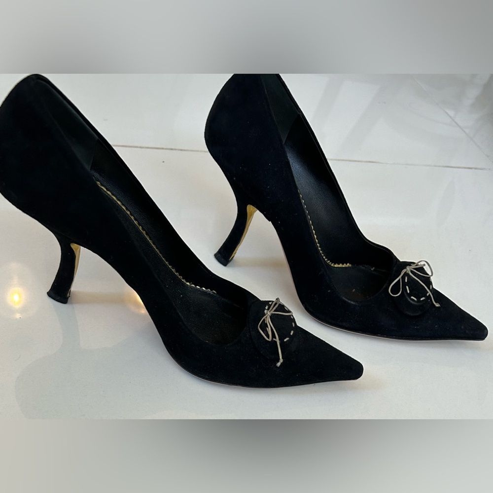Prada Black suede heels with bow detail on front